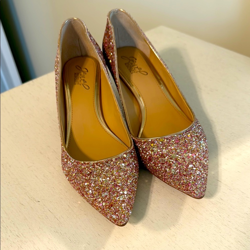 Jewel Badgley Mischka Pink and Gold Glitter Sparkle Kitten Heels / Size 7.5
